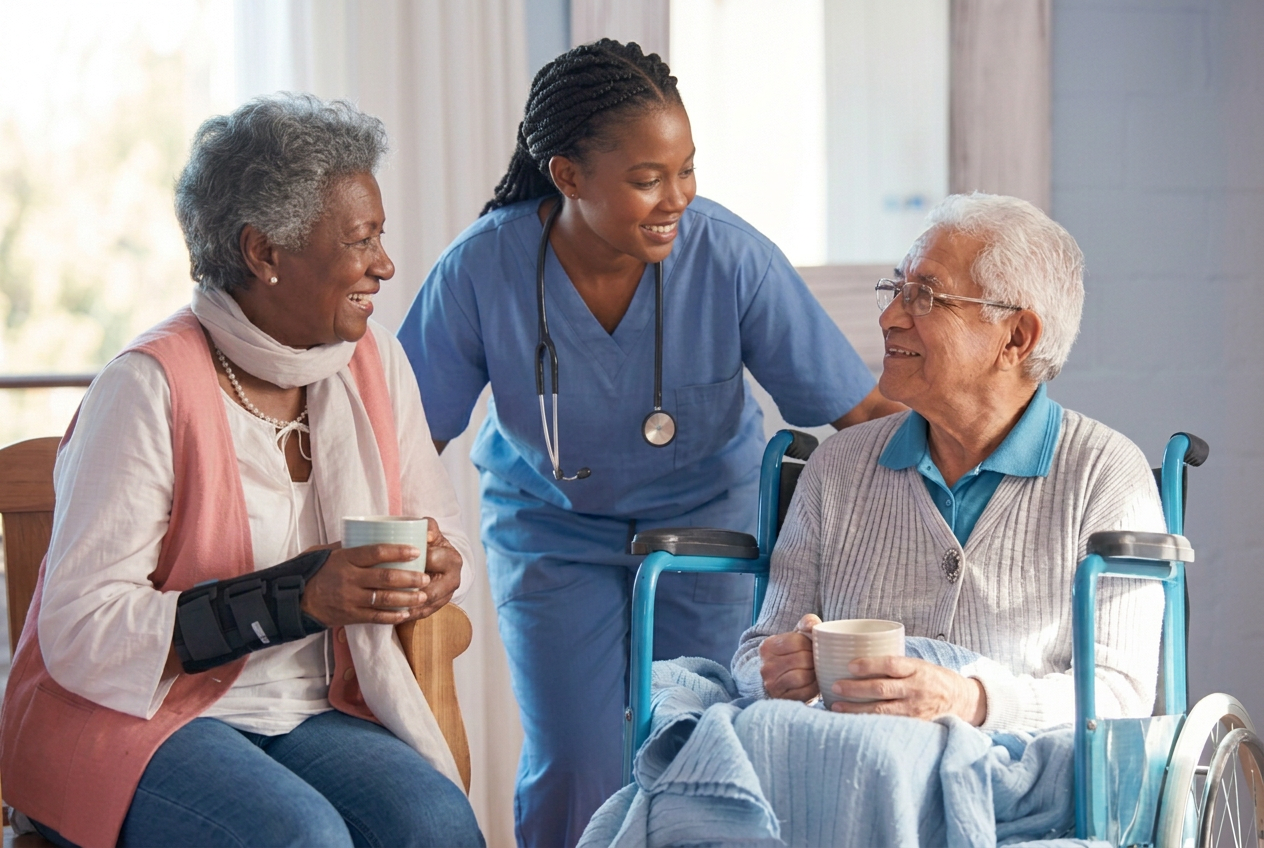 A Maryland caregiver in a home living room with a Black senior woman and a Hispanic senior man in a wheelchair