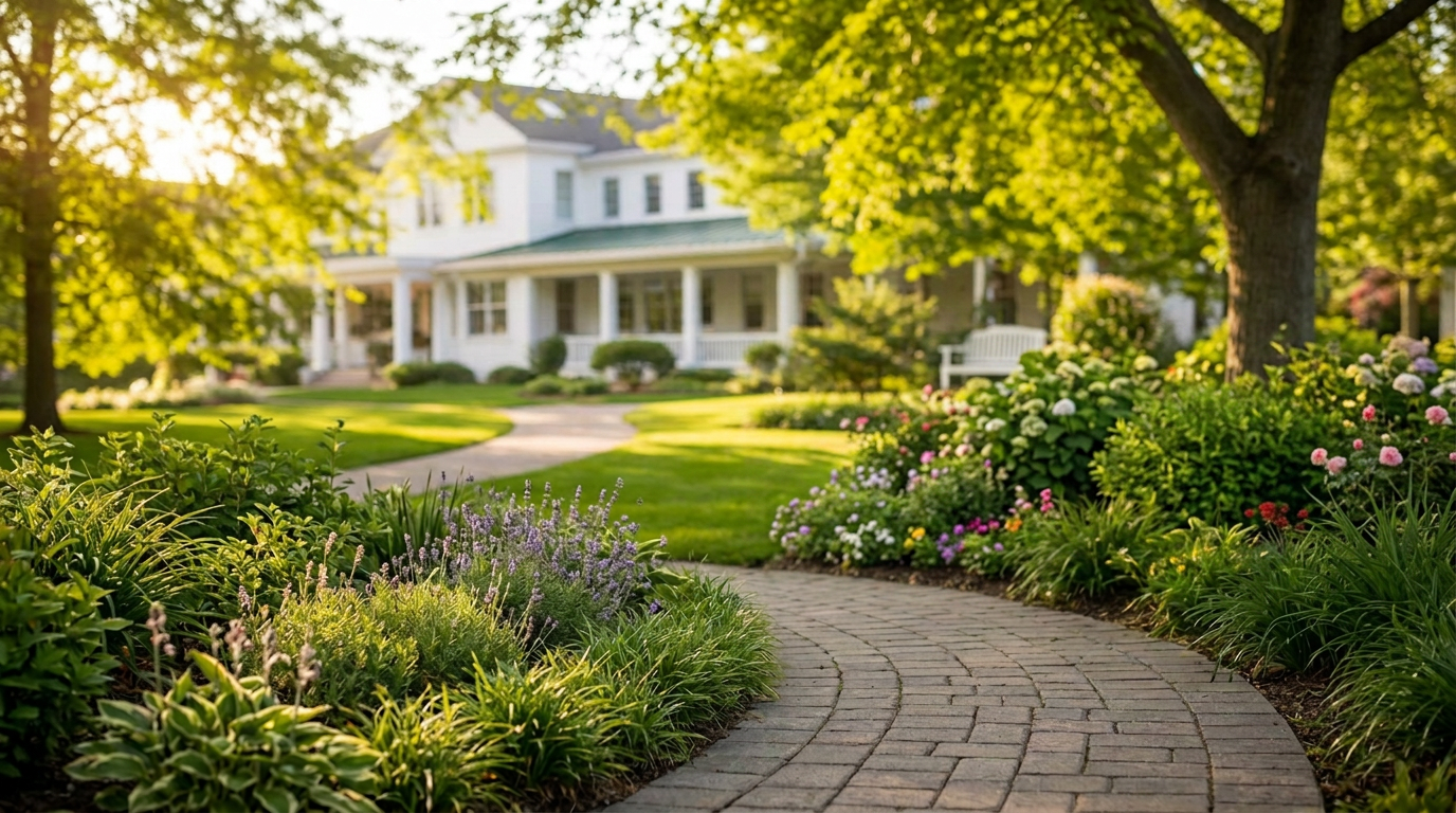 A sunlit garden bench at a Maryland senior care community, calm and welcoming